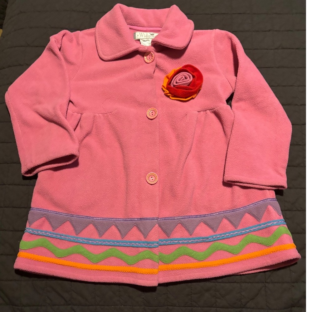 Widgeon Girls Pink‎ Fleece Coat Jacket Size 6 Floral Applique Button Front
